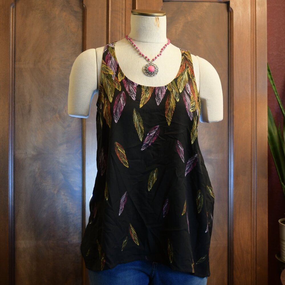 Apt. 9 Women's Black Blouse With Colorful Feathers Print Size M